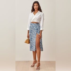 Reformation Blue Floral Wrap Midi Skirt with White Print